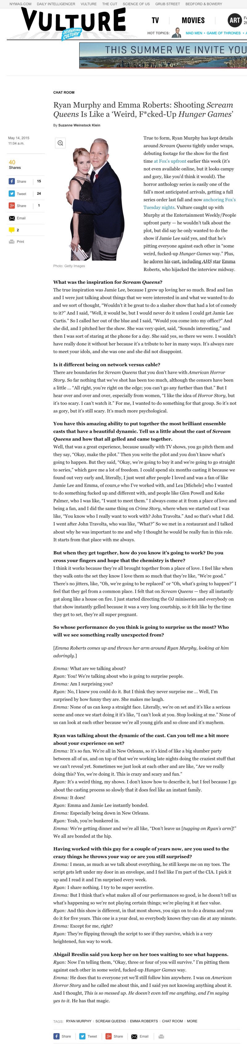 Ryan Murphy and Emma Roberts on Scream Queens    Vulture